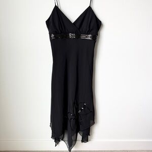 Y2K Black Fairy Dress with Sequin Waist & Flower Assymetrical Hem SZ 6